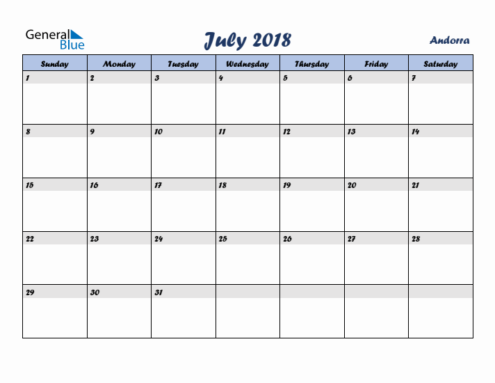 July 2018 Calendar with Holidays in Andorra