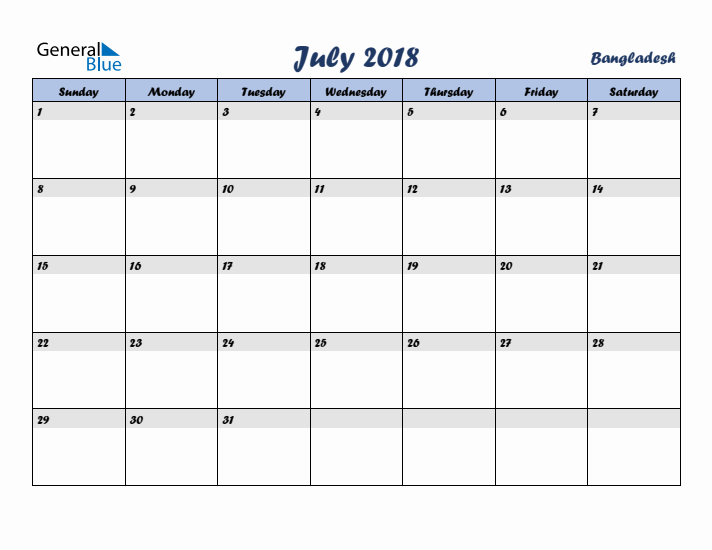 July 2018 Calendar with Holidays in Bangladesh