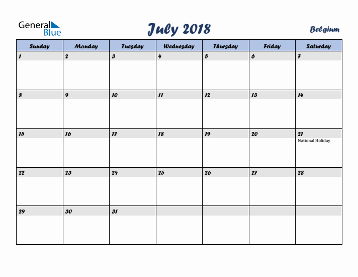 July 2018 Calendar with Holidays in Belgium