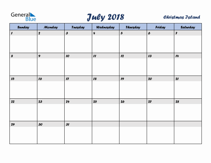 July 2018 Calendar with Holidays in Christmas Island