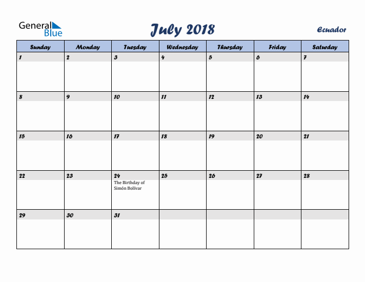 July 2018 Calendar with Holidays in Ecuador