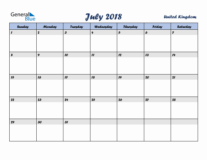 July 2018 Calendar with Holidays in United Kingdom