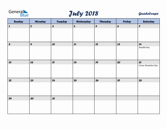 July 2018 Calendar with Holidays in Guadeloupe