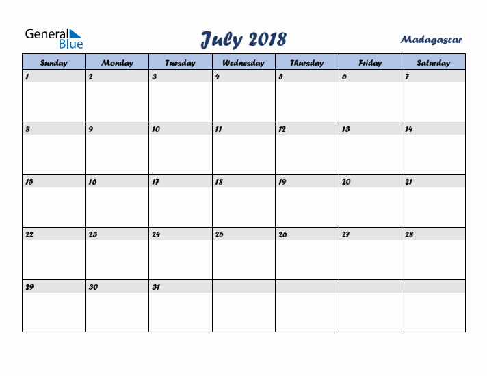 July 2018 Calendar with Holidays in Madagascar