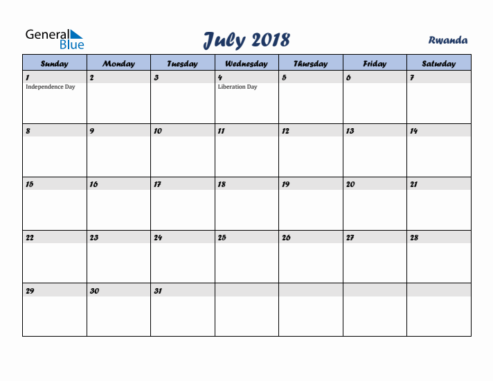 July 2018 Calendar with Holidays in Rwanda