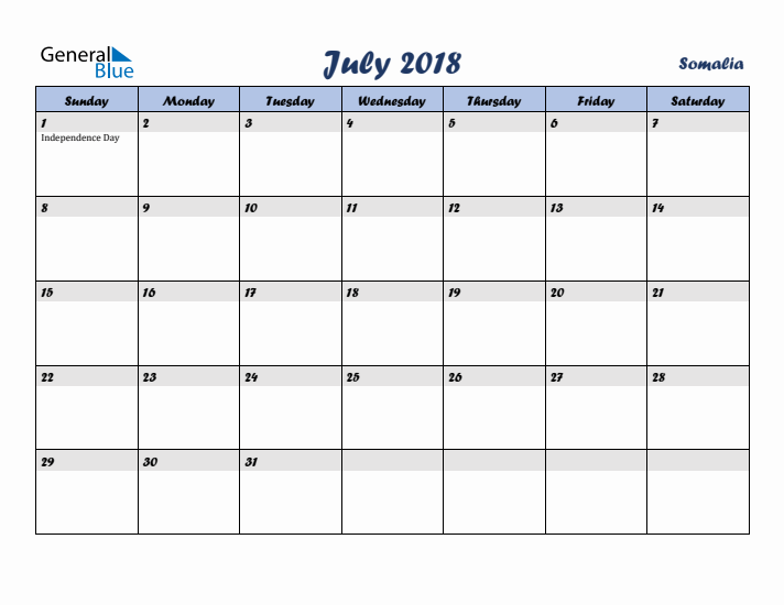 July 2018 Calendar with Holidays in Somalia