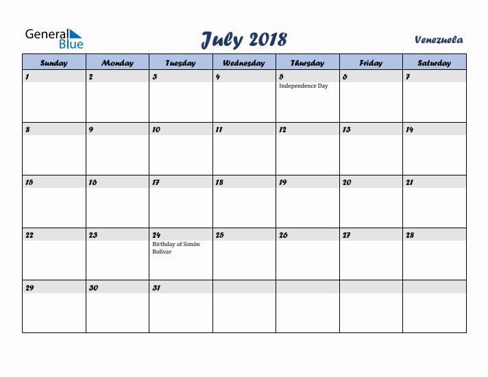 July 2018 Calendar with Holidays in Venezuela