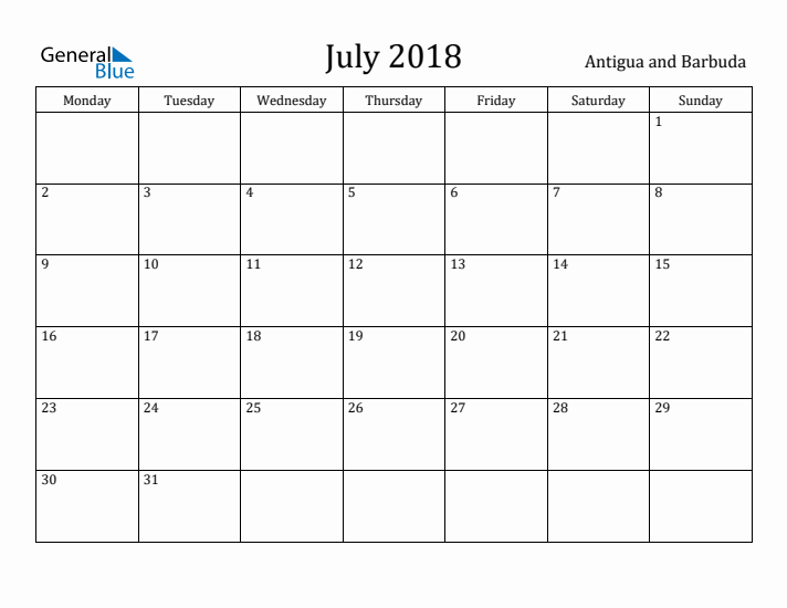 July 2018 Calendar Antigua and Barbuda