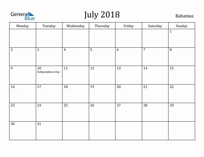 July 2018 Calendar Bahamas