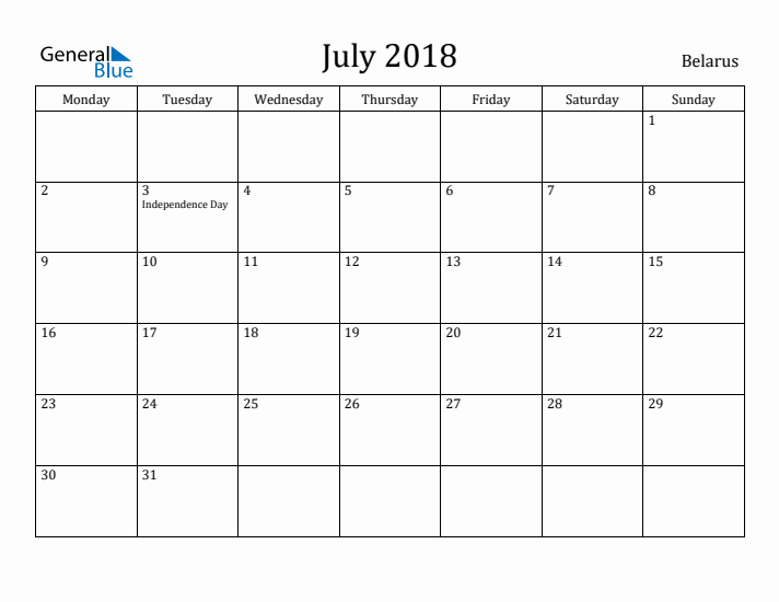 July 2018 Calendar Belarus