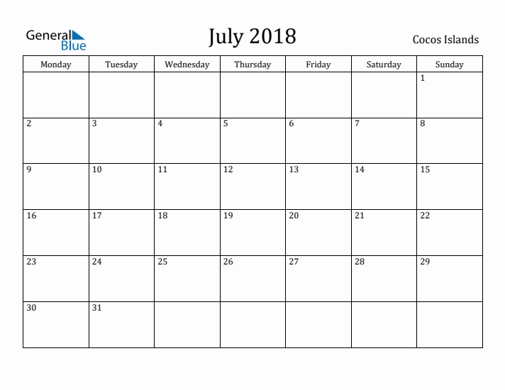 July 2018 Calendar Cocos Islands