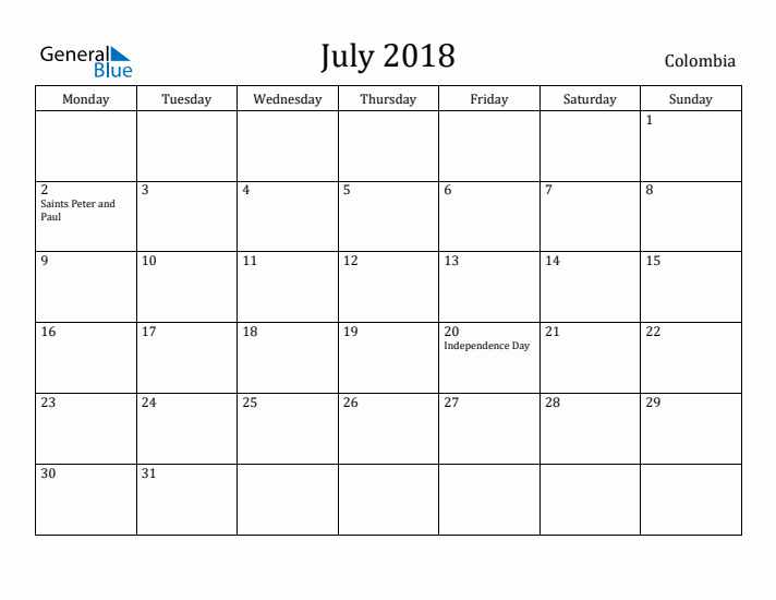 July 2018 Calendar Colombia