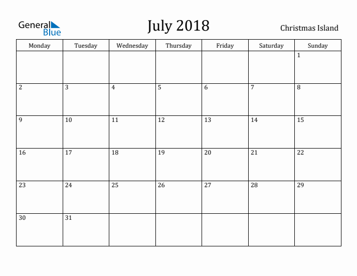 July 2018 Calendar Christmas Island