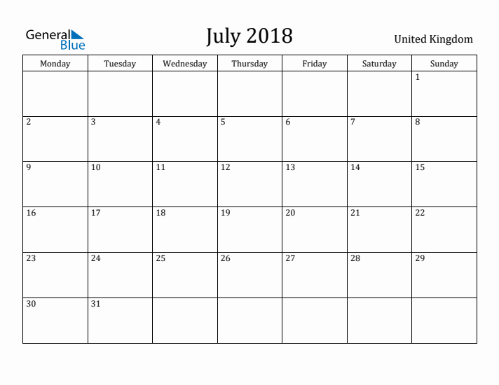 July 2018 Calendar United Kingdom