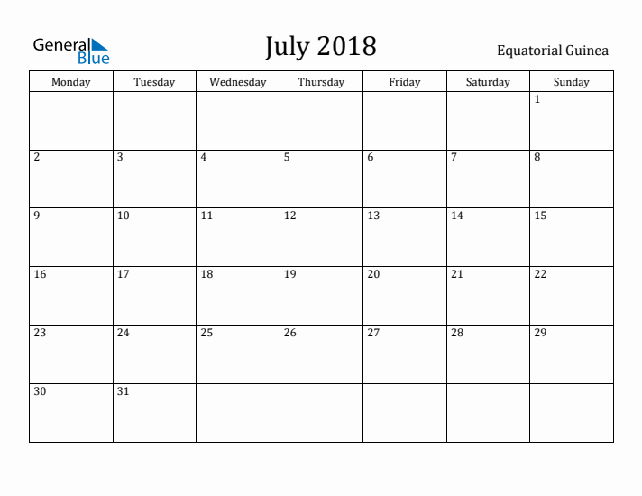 July 2018 Calendar Equatorial Guinea