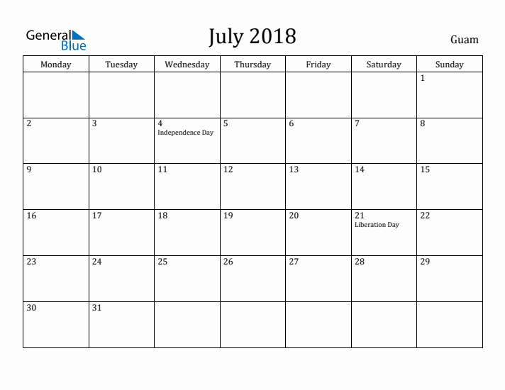 July 2018 Calendar Guam