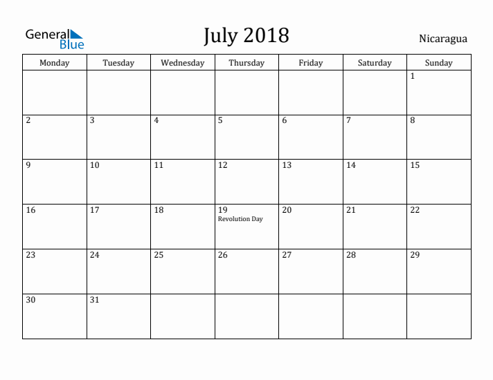 July 2018 Calendar Nicaragua