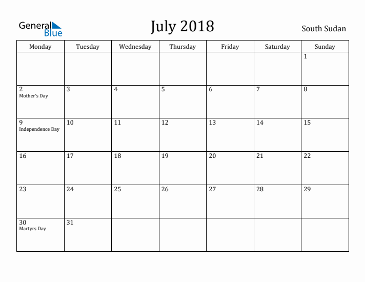 July 2018 Calendar South Sudan