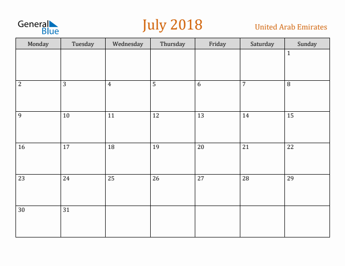 July 2018 Holiday Calendar with Monday Start