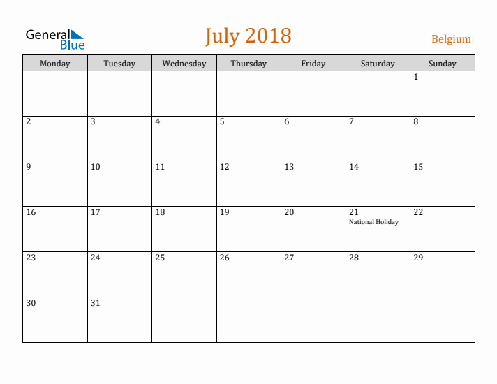 July 2018 Holiday Calendar with Monday Start