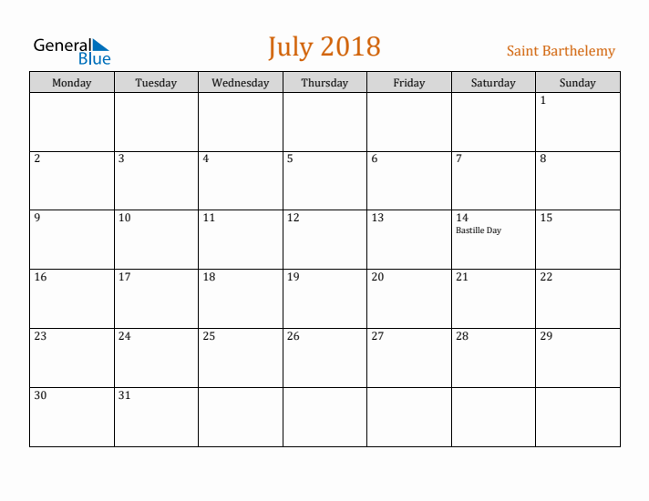 July 2018 Holiday Calendar with Monday Start