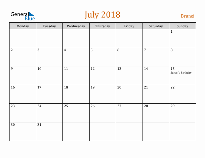 July 2018 Holiday Calendar with Monday Start