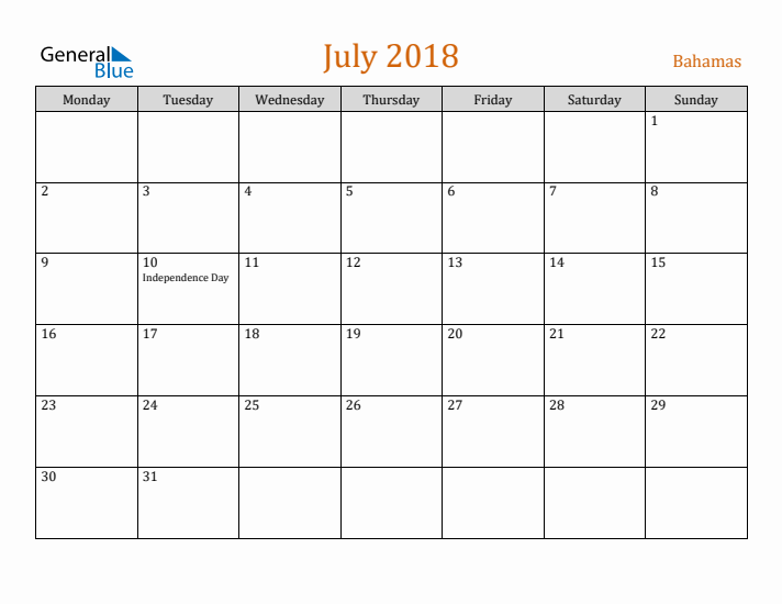 July 2018 Holiday Calendar with Monday Start