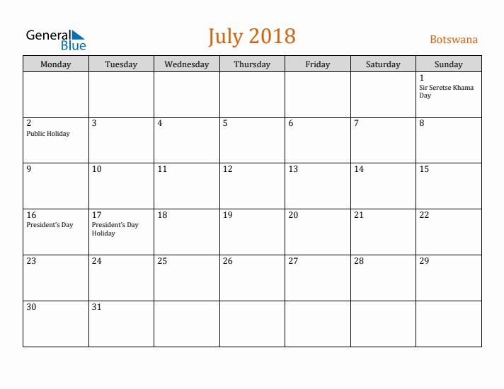 July 2018 Holiday Calendar with Monday Start