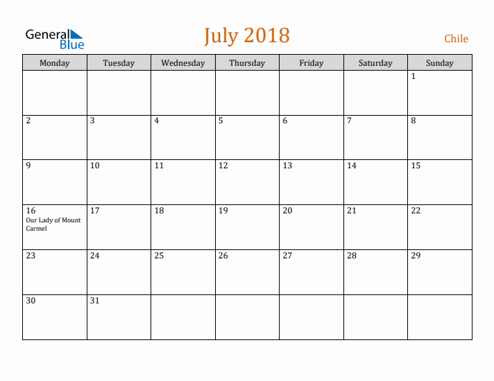 July 2018 Holiday Calendar with Monday Start