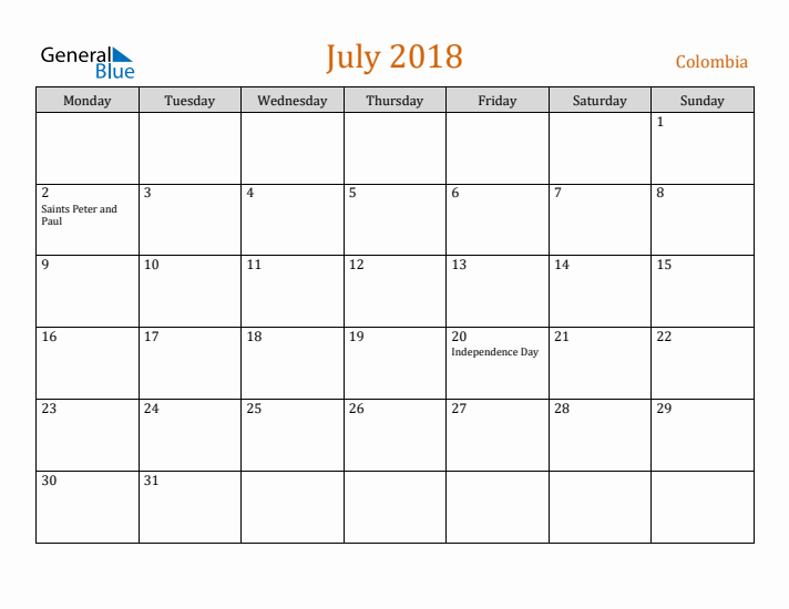 July 2018 Holiday Calendar with Monday Start