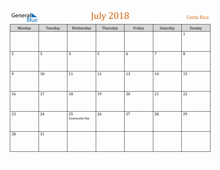 July 2018 Holiday Calendar with Monday Start