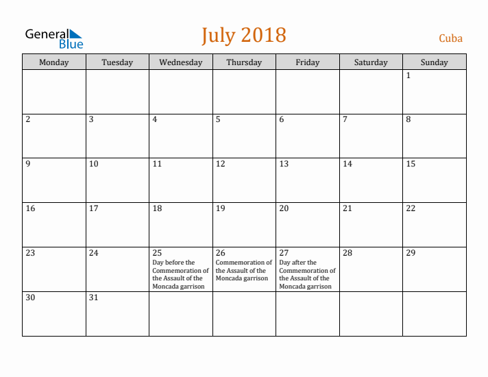 July 2018 Holiday Calendar with Monday Start