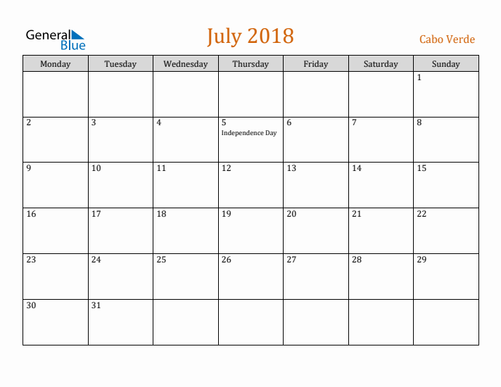 July 2018 Holiday Calendar with Monday Start