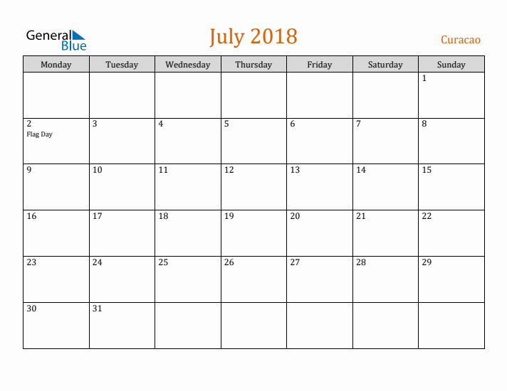 July 2018 Holiday Calendar with Monday Start