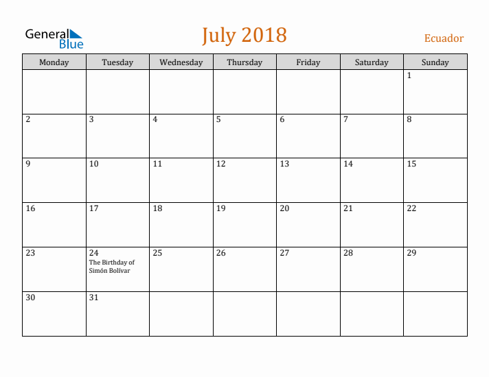 July 2018 Holiday Calendar with Monday Start