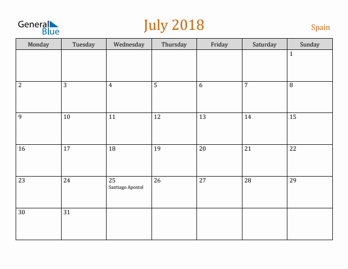 July 2018 Holiday Calendar with Monday Start