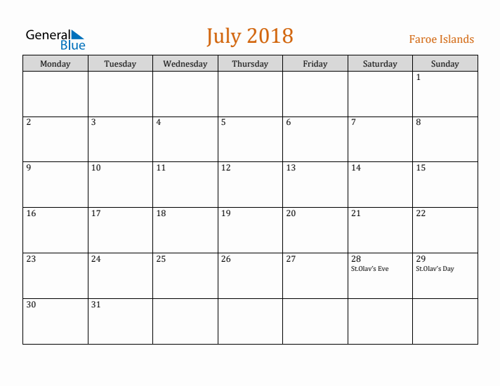 July 2018 Holiday Calendar with Monday Start