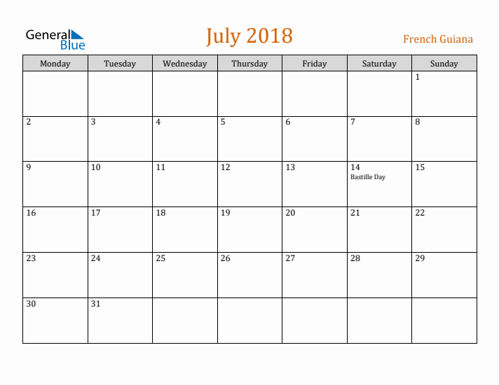 July 2018 Holiday Calendar with Monday Start