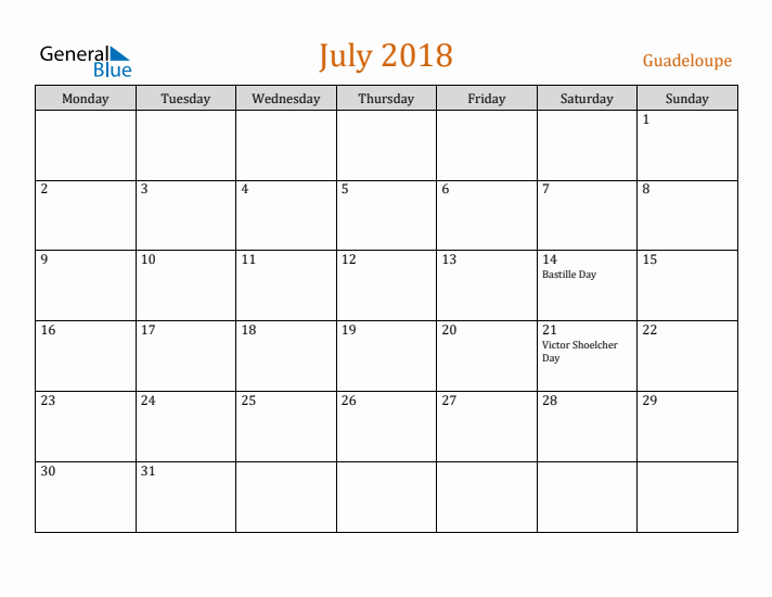 July 2018 Holiday Calendar with Monday Start