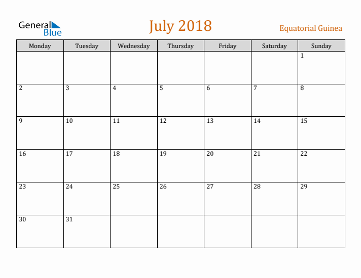 July 2018 Holiday Calendar with Monday Start