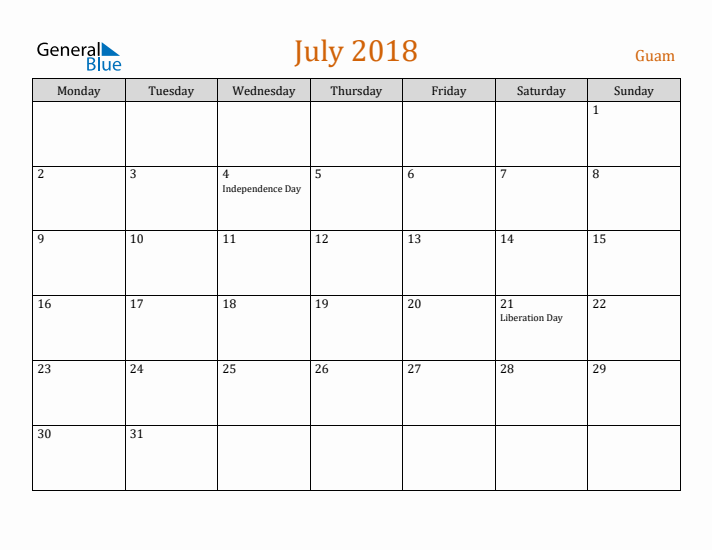 July 2018 Holiday Calendar with Monday Start