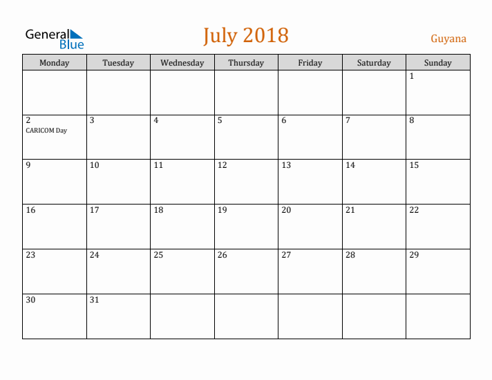 July 2018 Holiday Calendar with Monday Start