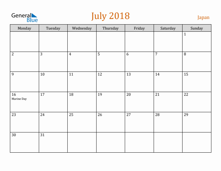 July 2018 Holiday Calendar with Monday Start