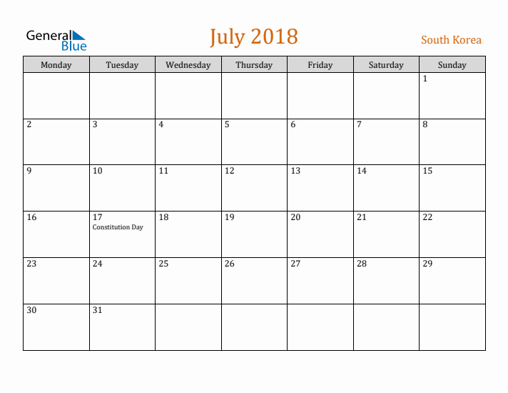 July 2018 Holiday Calendar with Monday Start