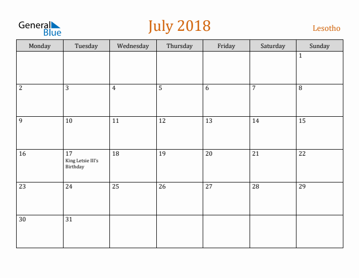 July 2018 Holiday Calendar with Monday Start