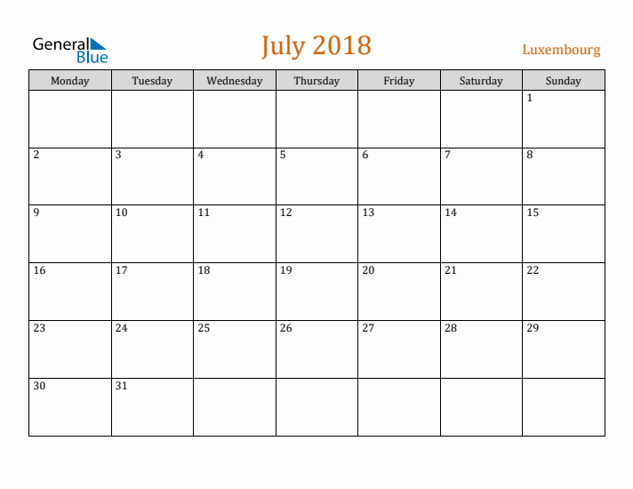 July 2018 Holiday Calendar with Monday Start