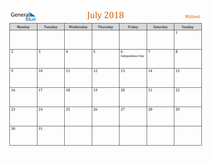 July 2018 Holiday Calendar with Monday Start