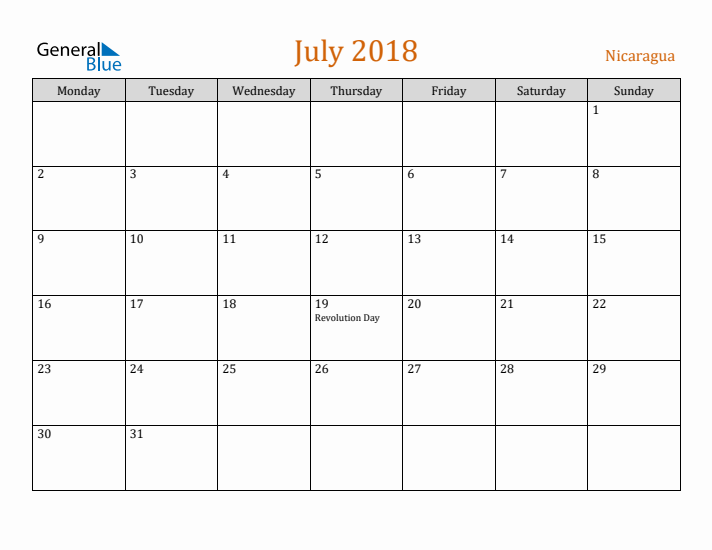 July 2018 Holiday Calendar with Monday Start