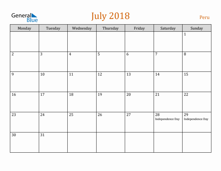 July 2018 Holiday Calendar with Monday Start