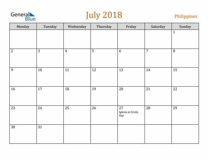 July 2018 Holiday Calendar with Monday Start